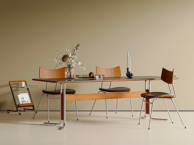 Modern Dining Table And Chairs Set With Wooden Backrest Metal Legs And Dried Flower Arrangement 3d model