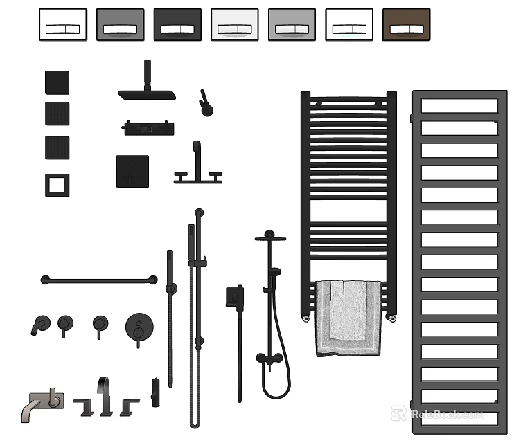 Modern Bathroom Fixture Set With Towel Rails Shower System And Storage Shelves 3d model 