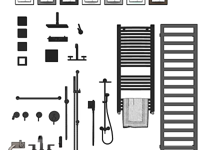 Modern Bathroom Fixture Set With Towel Rails Shower System And Storage Shelves 3d model