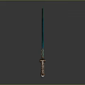 Four Stylish Swords With Blue Green Grid Pattern Blades And Brown Metal Hilts