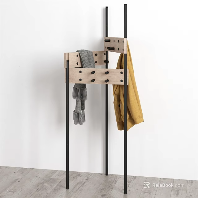 Modern Wooden Display Shelf With Black Metal Frame Hanging Gray Knitwear And Yellow Coat 3d model 