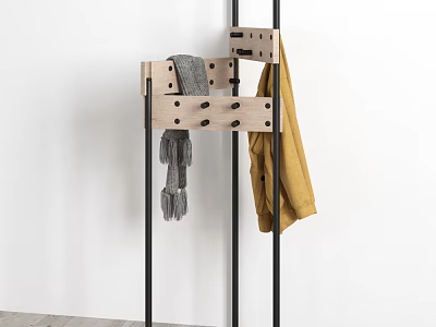 Modern Wooden Display Shelf With Black Metal Frame Hanging Gray Knitwear And Yellow Coat 3d model