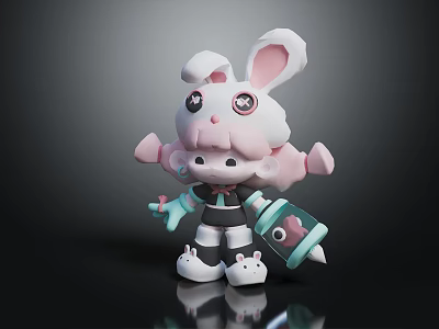 Cute Cartoon Rabbit Character With Pink Body Star Eyes Holding Bottle And Black White Outfit 3d model