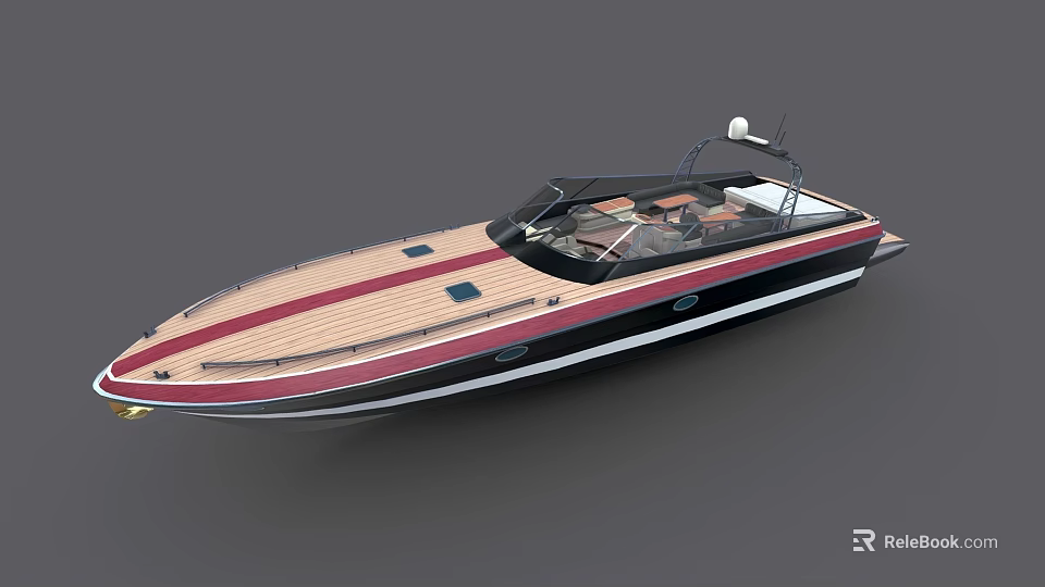 Modern Yacht With Wooden Deck Red Stripe And Black Hull 3d model 