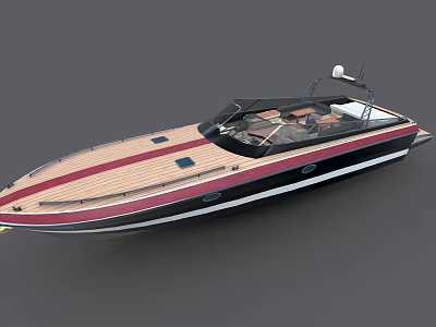 Modern Yacht With Wooden Deck Red Stripe And Black Hull 3d model