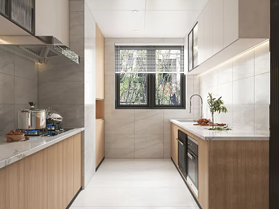 Modern Kitchen Interior With Wooden Cabinets Marble Countertops And Built In Appliances 3d model