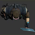 Cyberpunk Character Wearing Goggles Holding Blue Tablet In Futuristic Outfit Standing Against Neutral Gray Background