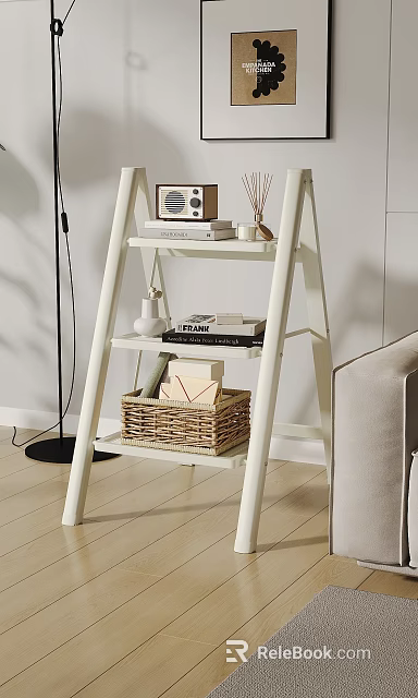 White Ladder Shelf With Decor And Storage In Living Room 3d model 