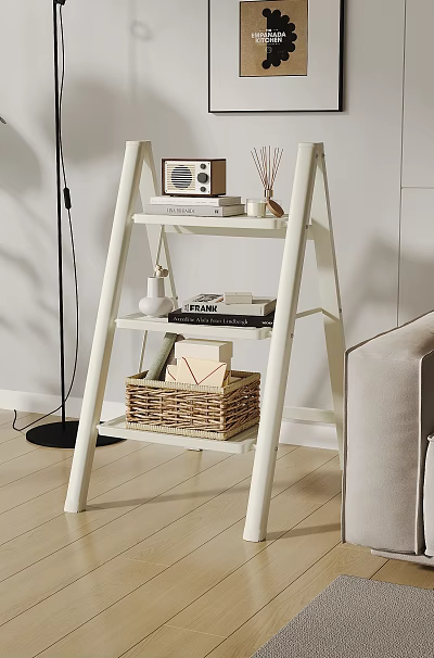 White Ladder Shelf With Decor And Storage In Living Room 3d model