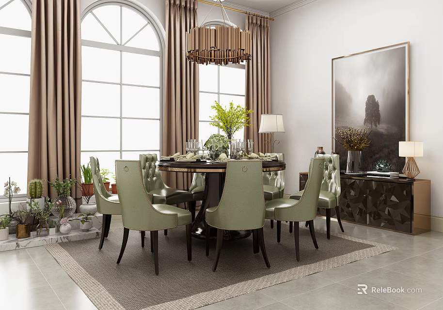 Elegant Dining Table Set With Green Chairs Large Windows And Wooden Chandelier 3d model 