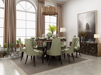 Elegant Dining Table Set With Green Chairs Large Windows And Wooden Chandelier 3d model
