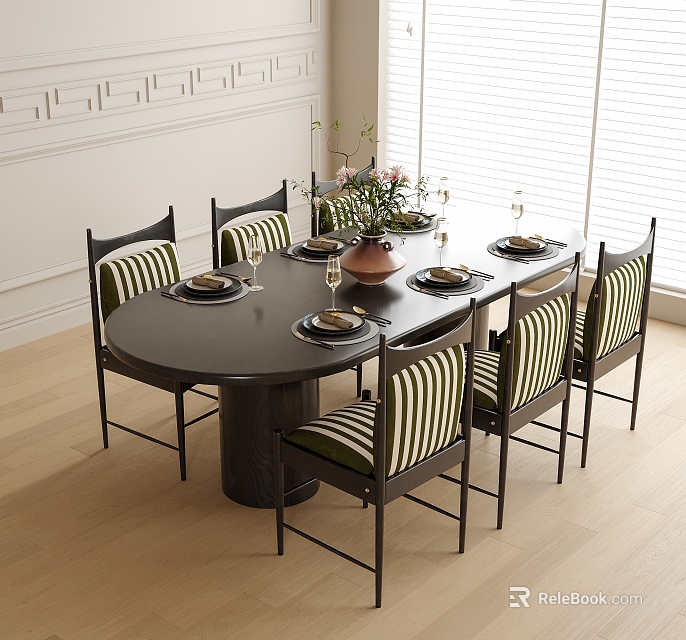 Black Round Dining Table with Six Striped Chairs and Flower Vase on Light Wooden Floor 3d model 