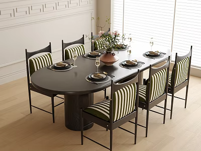 Black Round Dining Table with Six Striped Chairs and Flower Vase on Light Wooden Floor 3d model