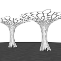 Pair of White Tree Like Columns With Intricate Lattice Design On Checkerboard Floor
