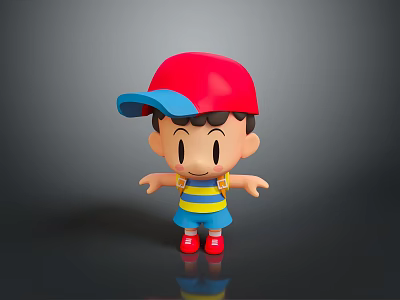Cartoon Boy With Red Cap Blue Hair Yellow Striped Shirt Backpack Red Shoes Arms Outstretched 3d model