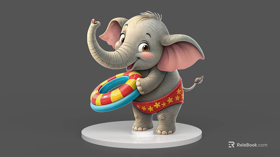 Cute Cartoon Elephant Holding Colorful Swim Ring Wearing Red Star Pattern Shorts On White Base 3d model 