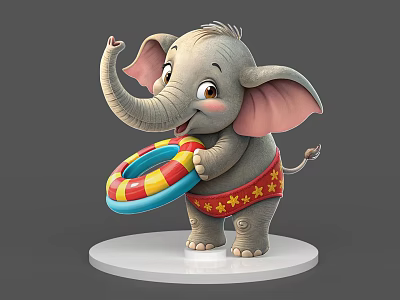 Cute Cartoon Elephant Holding Colorful Swim Ring Wearing Red Star Pattern Shorts On White Base 3d model