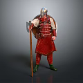 Ancient Warrior In Red Armor With Green Boots Holding Axe And Shield 3d model
