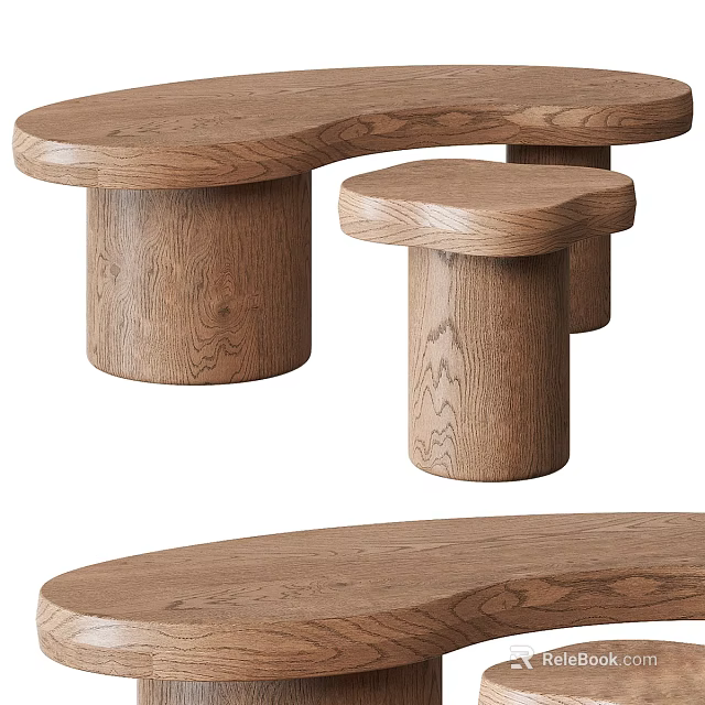 Natural Oak Wooden Desk With Curved Top And Cylindrical Legs Design 3d model 