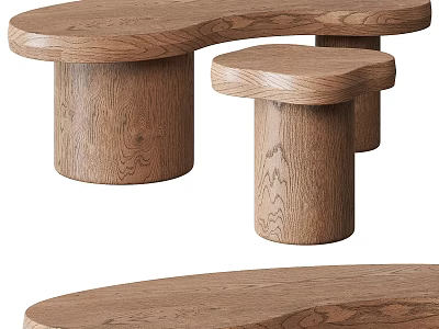 Natural Oak Wooden Desk With Curved Top And Cylindrical Legs Design 3d model