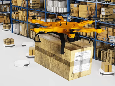 Smart Drone In Warehouse Logistics With Storage Racks And Cardboard Boxes 3d model