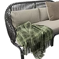 Modern Wicker Sofa With Linen Cushions Plaid Throw Blanket Intricate Design Shown In Multiple Angles
