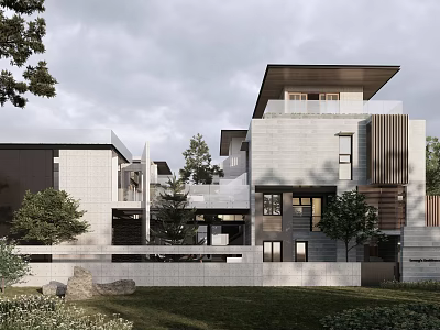 Modern Detached Villa With Stone Facade Two Story Structure And Green Lawn 3d model