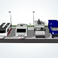 Recreational Vehicles Of Various Colors And Types Parked In Area With Street Lamps And Grass