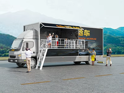 Mobile Car Exhibition Vehicle With People Around In Mountain Landscape Blue Sky 3d model