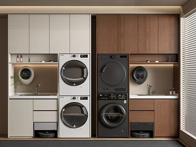 Modern Laundry Room With Stacked Washing Machines Dryers Sink And Wooden White Cabinets 3d model