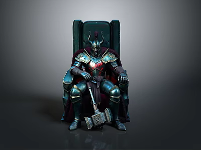 A Man Sitting On Ornate Throne Wearing Decorative Armor Holding Hammer 3d model