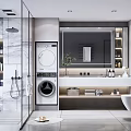 Modern Bathroom Interior With Washing Machine Shower Area Large Mirror Vanity And Storage Cabinets