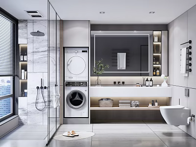Modern Bathroom Interior With Washing Machine Shower Area Large Mirror Vanity And Storage Cabinets 3d model