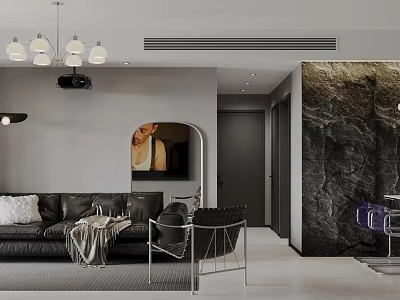 Modern Living Room And Dining Area Interior With Black Sofa Artwork And Unique Wall Design 3d model