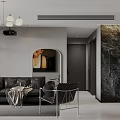 Modern Living Room And Dining Area Interior With Black Sofa Artwork And Unique Wall Design