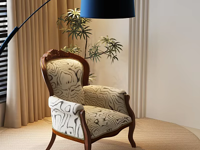 Elegant Accent Chair With Wooden Frame Abstract Pattern Blue Floor Lamp And Green Plant 3d model
