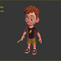 3D Cartoon Boy With Red Hair Wearing Black T Shirt Green Shorts Holding Stick