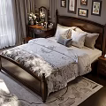 Double Bed With Wooden Headboard Gray Comforter Decorative Pillows Nightstand Table Lamp And Area Rug