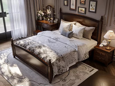 Double Bed With Wooden Headboard Gray Comforter Decorative Pillows Nightstand Table Lamp And Area Rug 3d model