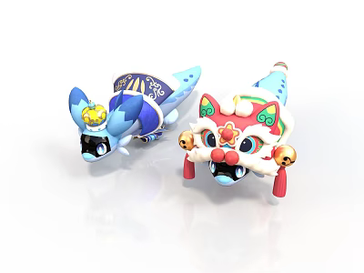 Traditional Chinese Style Decorative Dolls Blue Dragon Fish And Red Lion Head With Bells 3d model