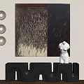 Modern Interior Scene With Abstract Painting Circular Wall Lamps Black Cabinet And White Sculpture