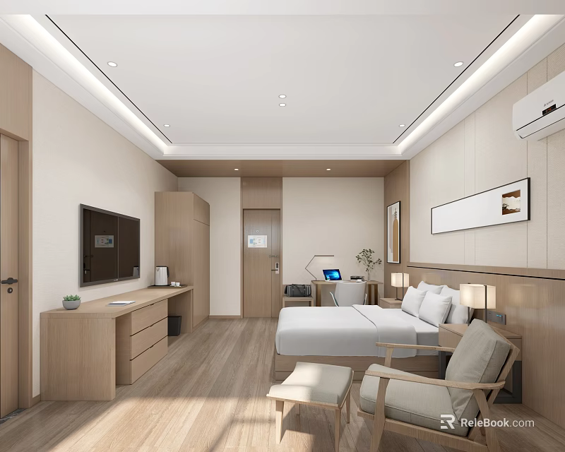 Modern Hotel Room Interior With Wooden Furniture King Bed Work Desk And Flat Screen TV 3d model 