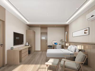 Modern Hotel Room Interior With Wooden Furniture King Bed Work Desk And Flat Screen TV 3d model