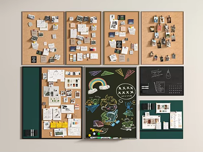 Multiple Cork Boards Wall With Photos Cards Notes And Chalkboard Doodles Charts 3d model