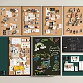 Multiple Cork Boards Wall With Photos Cards Notes And Chalkboard Doodles Charts