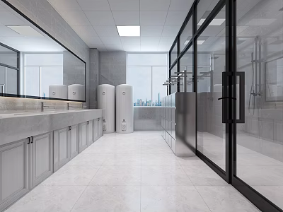 Modern Public Restroom Interior With Clean Washbasins Mirrors Glass Partitions And Bright Lighting 3d model