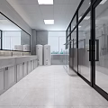 Modern Public Restroom Interior With Clean Washbasins Mirrors Glass Partitions And Bright Lighting
