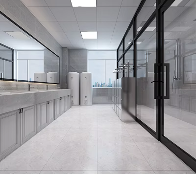 Modern Public Restroom Interior With Clean Washbasins Mirrors Glass Partitions And Bright Lighting 3d model