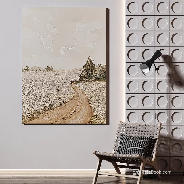 Interior Decor With Field Path Painting Circular Wall Pattern Chair And Wall Lamp 3d model