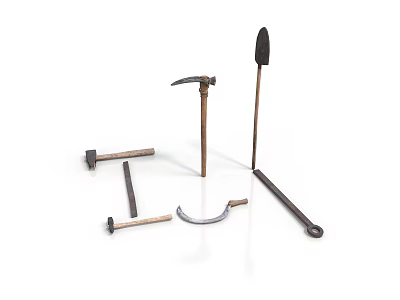 Various Metal Hand Tools Set With Hammer Shovel And Pry Bar 3d model